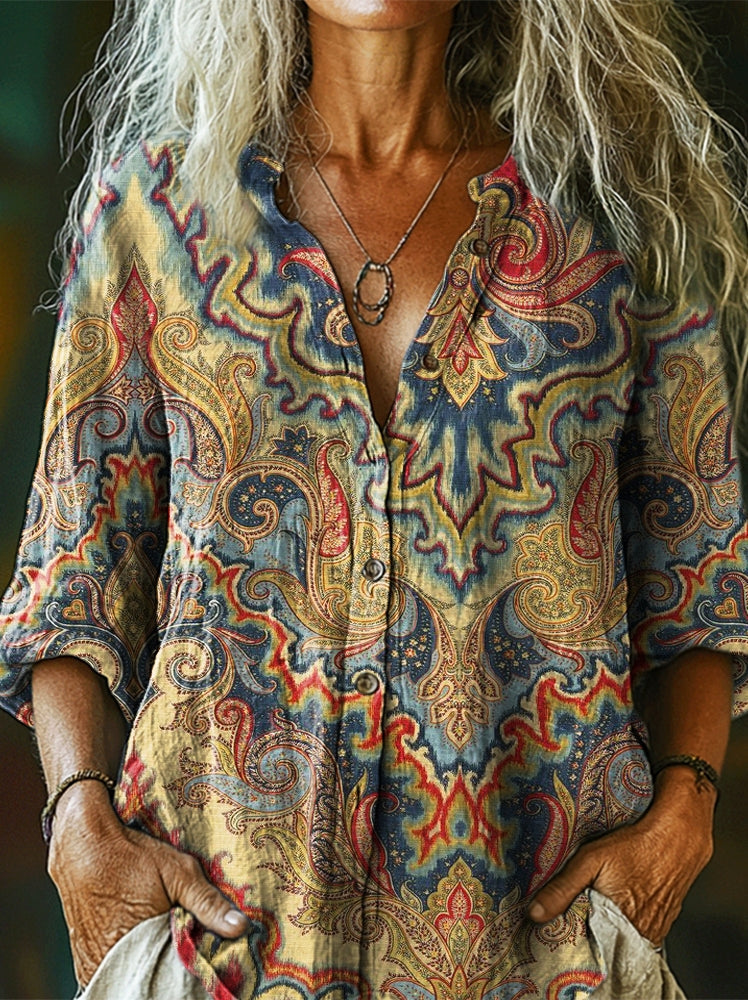 Women's National Totem Art Print Casual Cotton Linen Shirt