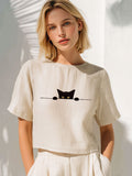 Comstylish Women's Casual Funny Black Cat Print T-shirt