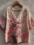 Vintage Japanese Cherry Blossom Embroidered Boho Linen Tunic artswardrobe