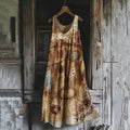 Women's Vintage Rust Dyed Embroidered Art Linen Blend Tank Dress artswardrobe