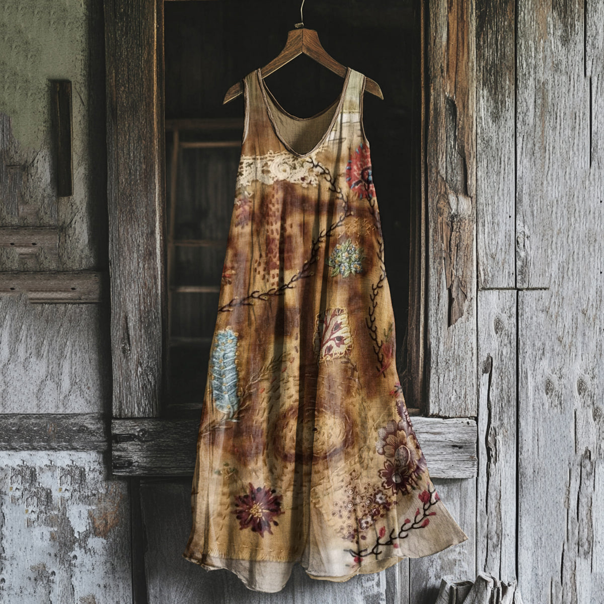 Women's Vintage Rust Dyed Embroidered Art Linen Blend Tank Dress artswardrobe