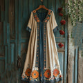 Women's Retro Floral Contrast Color Short Sleeve Maxi Dress artswardrobe