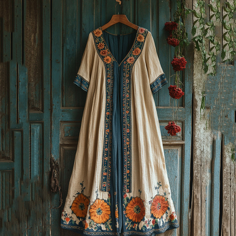 Women's Retro Floral Contrast Color Short Sleeve Maxi Dress artswardrobe