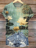 Women's Lotus Flower Art Print Crew Neck T-Shirt