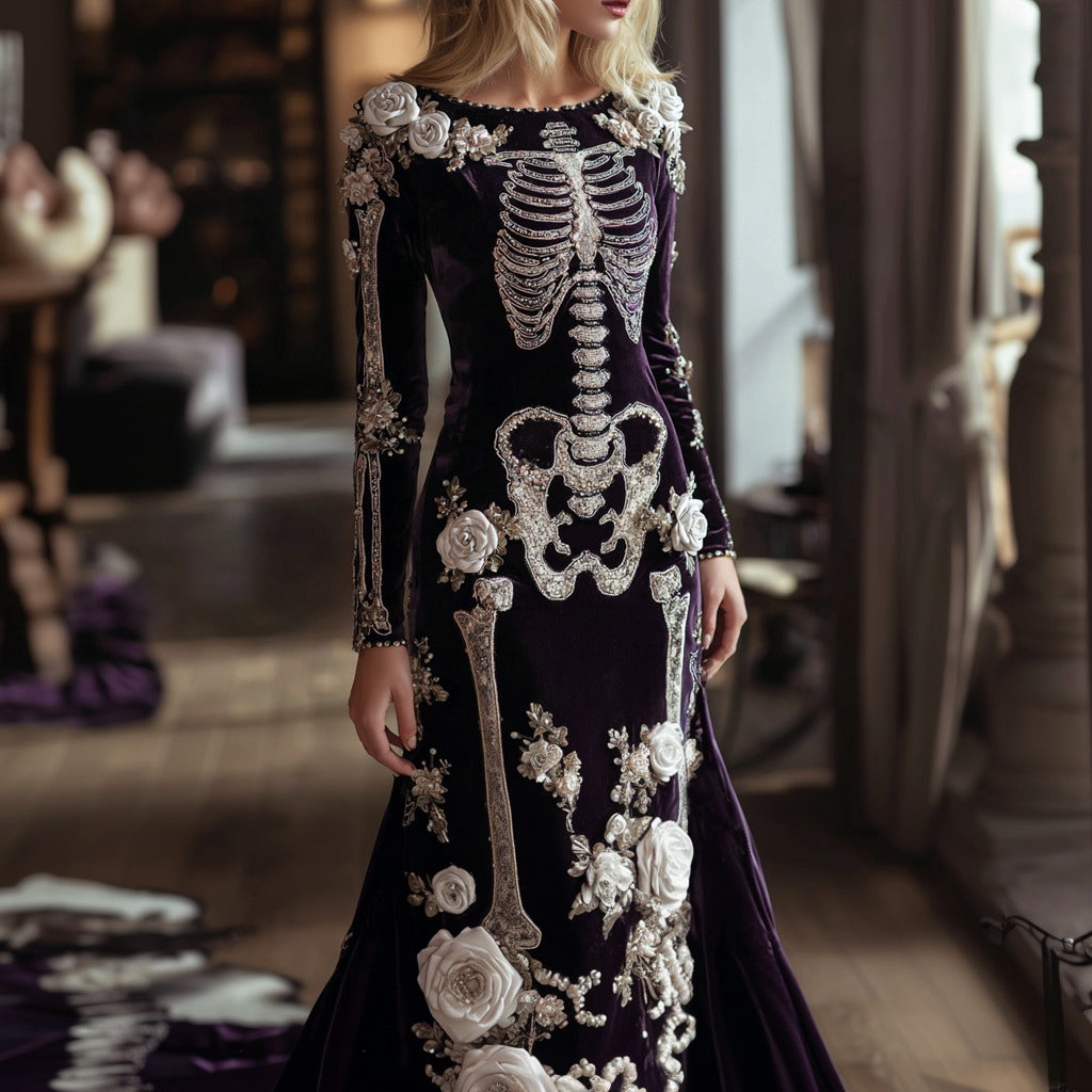 Comstylish Women's Halloween Dark Gothic Rose Skeleton Velvet Round Neck Maxi Dress
