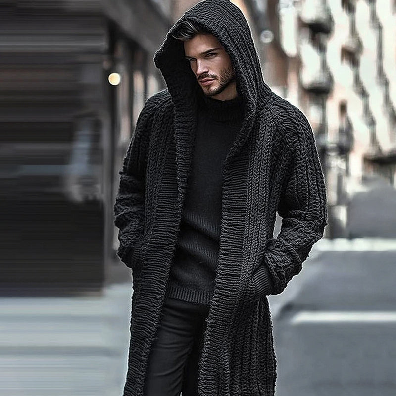 Men'S Knitted Hooded Long Sweater Cardigan artswardrobe