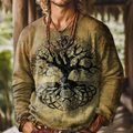 Men's Tree Of Life Gradient Art Painting Round Neck Long Sleeve Linen T-shirt artswardrobe