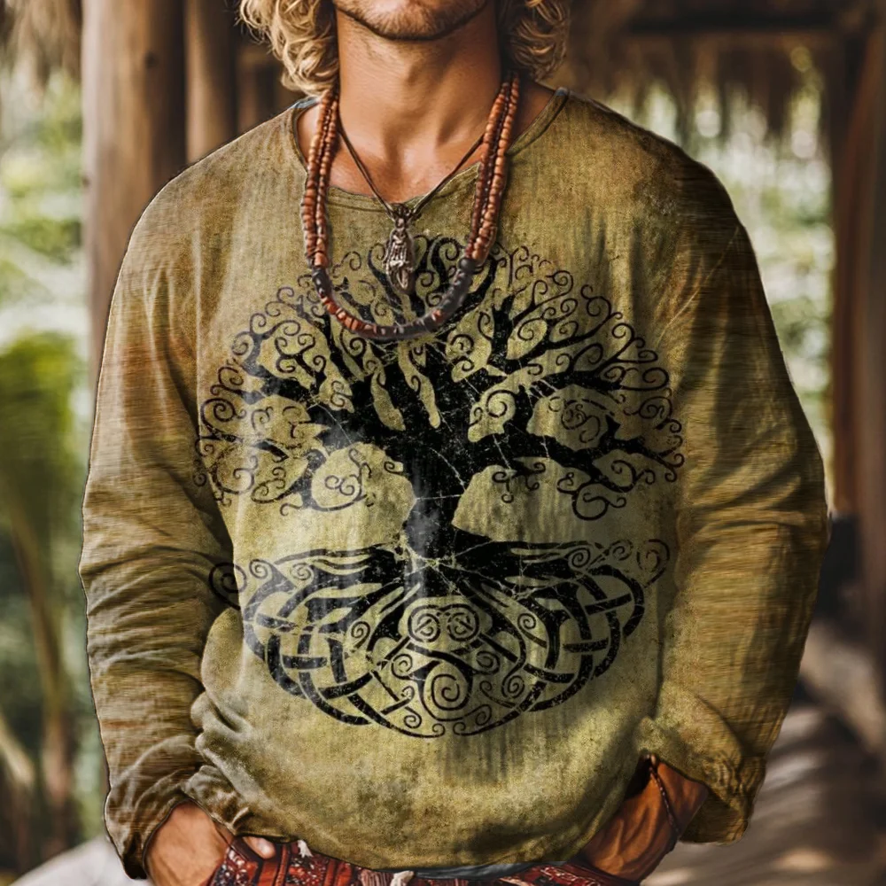 Men's Tree Of Life Gradient Art Painting Round Neck Long Sleeve Linen T-shirt artswardrobe
