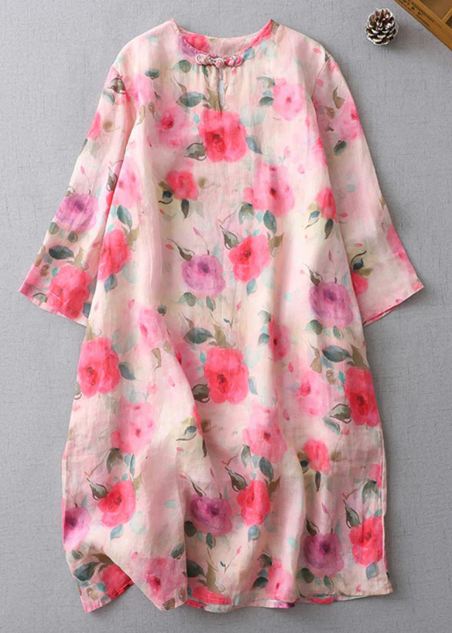 Grace Print O-neck Button Cotton Mid Dress Half Sleeve