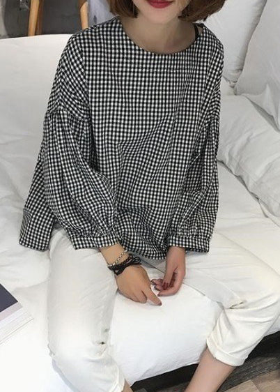 French Plaid Cotton Fine Sewing Asymmetric Clothing Blouse