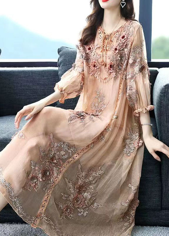 Beige Lace Up Jacquard Silk Holiday Dress Long Sleeve