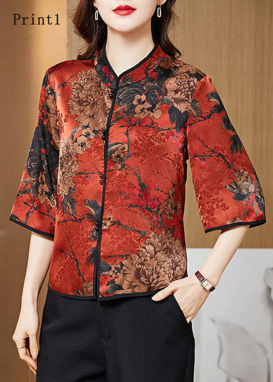 Red Mandarin Collar Print Silk Shirt Tops Half Sleeve