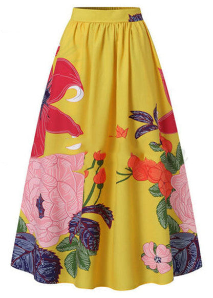 Yellow High Waist Pockets Print Cotton a Line Skirt Summer