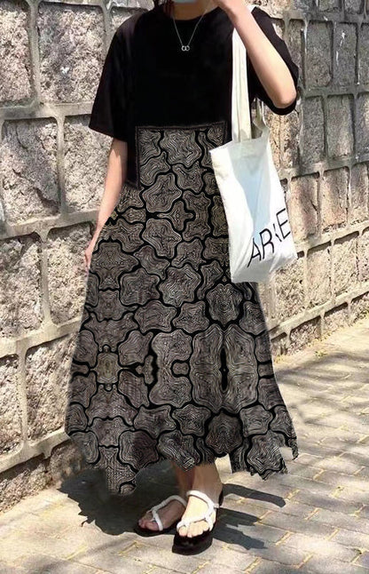 Black Print O-neck Asymmetrical Plaid Mosaic Dress