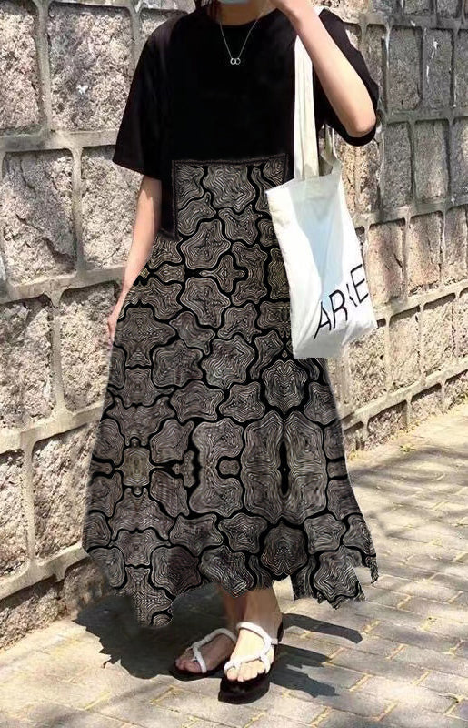 Red Print O-neck Asymmetrical Plaid Mosaic Dress