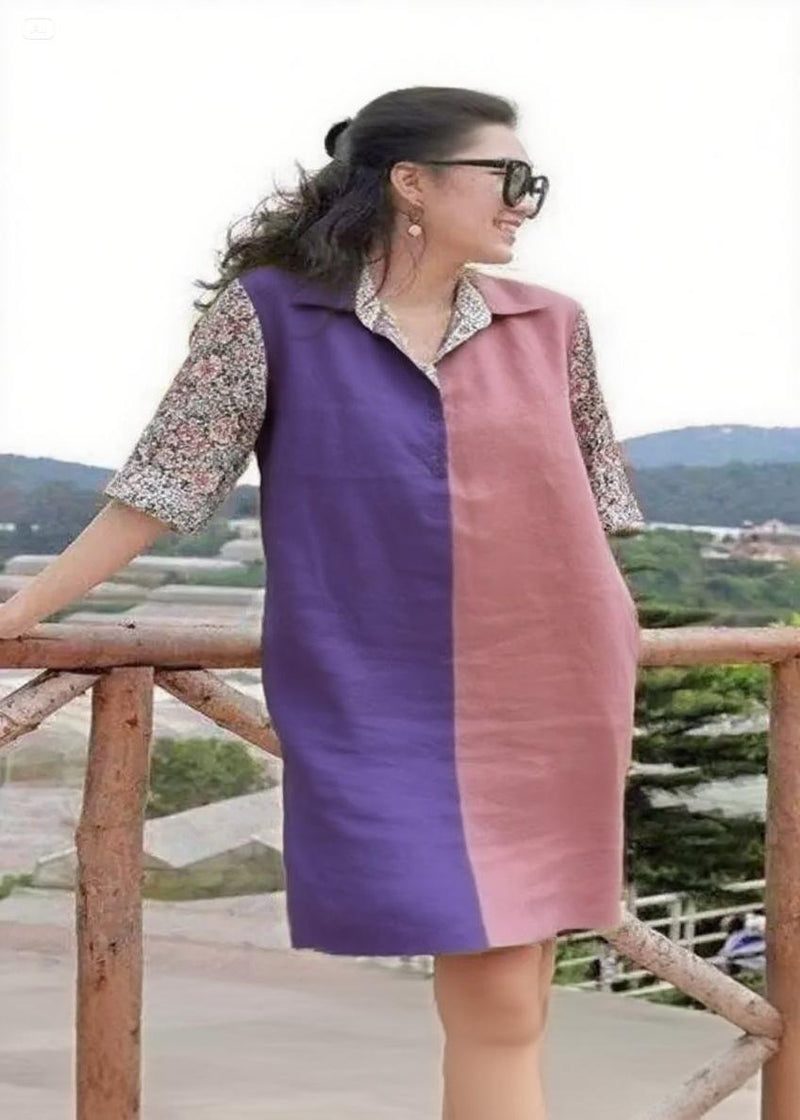 Handmade Purple and Pink Peter Pan Collar Patchwork Vacation Mid Dresses Summer
