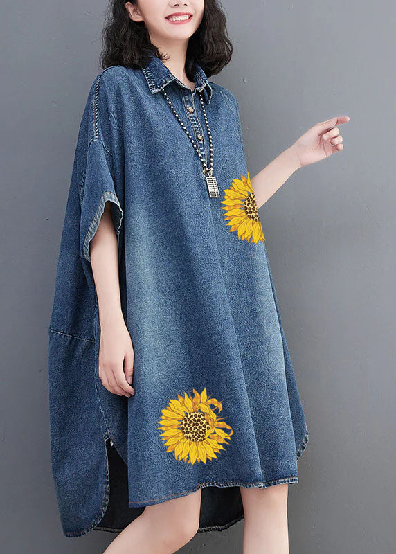 Loose Blue-little Flower Button Side Open Maxi Denim Dress Summer