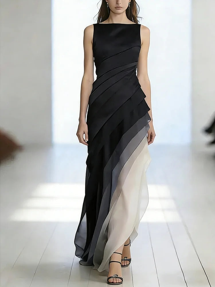 French Black High Waist Patchwork Tulle Maxi Dresses Sleeveless