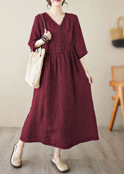V Neck Plaid Patchwork Button Linen Maxi Dresses Summer
