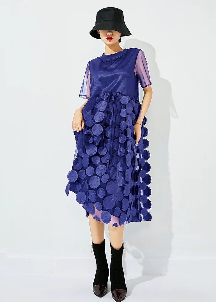 Red O-neck Patchwork Dot Tulle Holiday Dress Summer