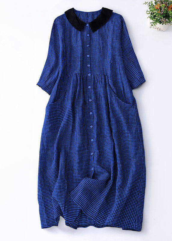 Organic Brown Plaid Peter Pan Collar Patchwork Linen Dresses Summer