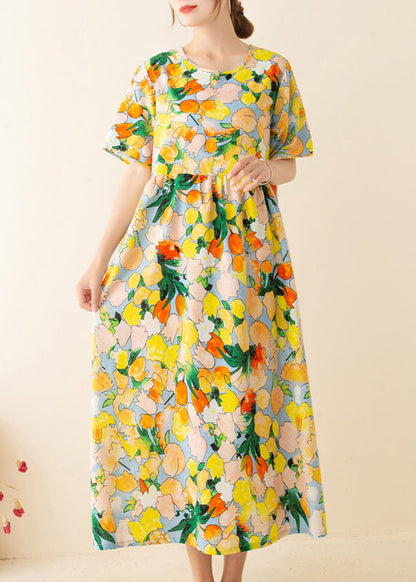 Italian Yellow Print Tunics O Neck Patchwork Loose Summer Dresses