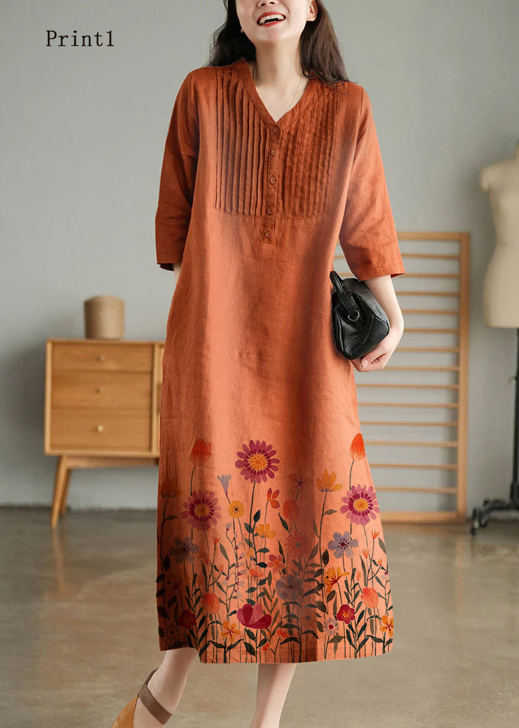 Yellow Loose Linen Long Dresses Button Half Sleeve