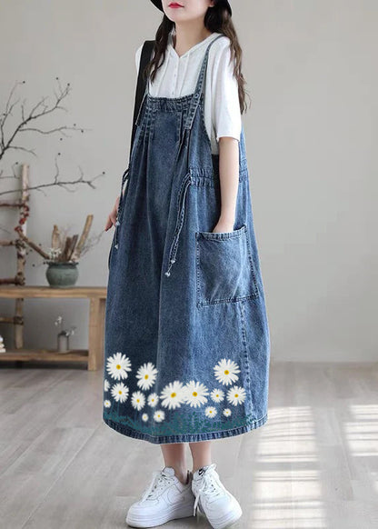 Blue-white Flower Drawstring Pocket Spaghetti Strap Cotton Denim Dress Spring
