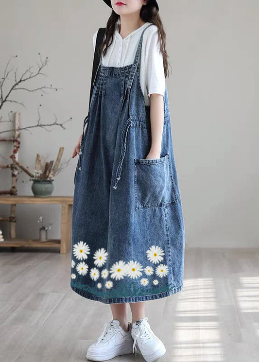 Blue-white Flower Drawstring Pocket Spaghetti Strap Cotton Denim Dress Spring