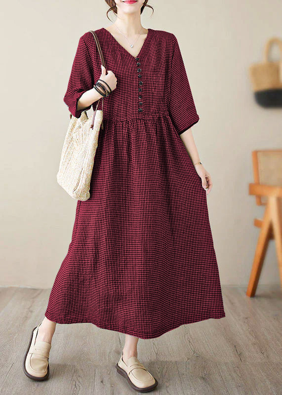 Green V Neck Plaid Patchwork Button Linen Maxi Dresses Summer
