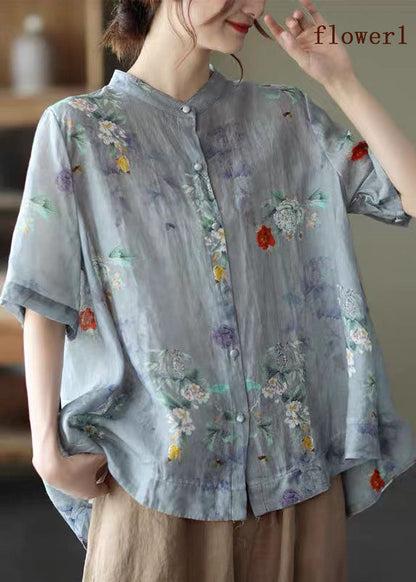 Colorful Geometry Stand Collar Print Tops Half Sleeve