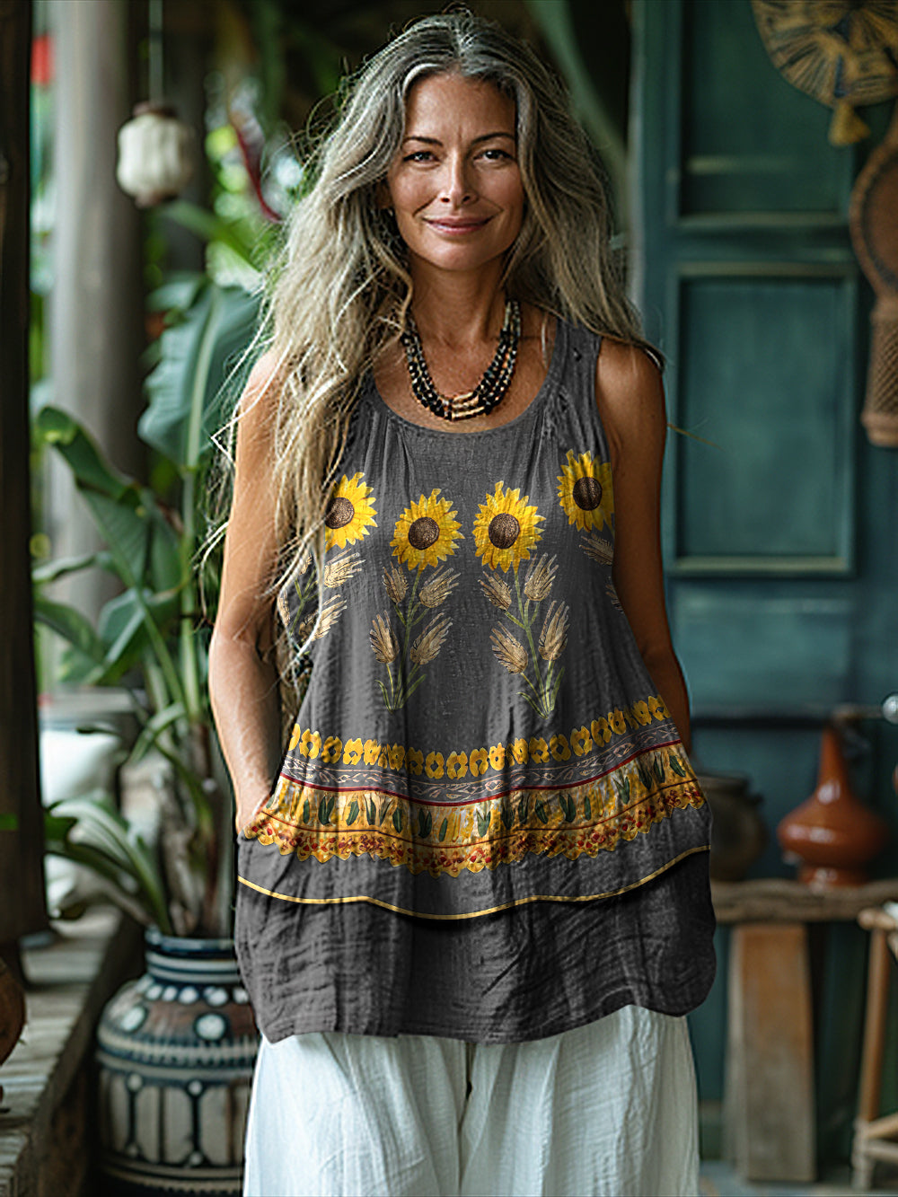 Boho Sunflowers Linen Sleeveless Tank Top artswardrobe