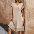 Women's Retro Solid Color Lace Stitching Cotton And Linen Dress artswardrobe
