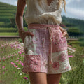 Comstylish Women's Patchwork Sashiko Embroidered Sakura Contrast Waist Drawstring Pocket Shorts