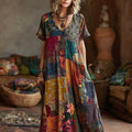 Stereoscopic Embroidery Stitching Fabric Flower Vintage Tie-dye V-neck Short-sleeved Long Dress artswardrobe