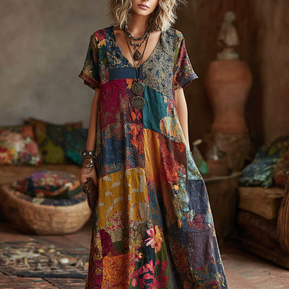 Stereoscopic Embroidery Stitching Fabric Flower Vintage Tie-dye V-neck Short-sleeved Long Dress artswardrobe