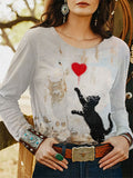 Women's Casual Japanese Art Funny Black Cat Print Sweatshirt elevenforest