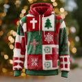Comstylish Christmas Tree Snowflake And Cross Pattern Men's Flannel Color-blocked Hoodie