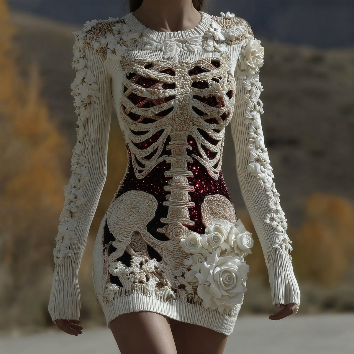 Comstylish Women's Halloween Skull Anatomy Rose Sequin Art Round Neck Knit Dress