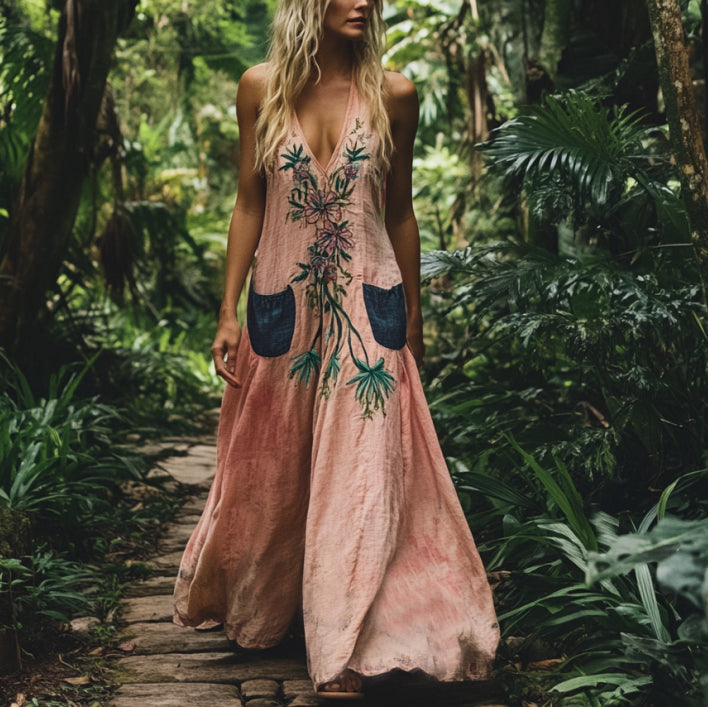 Bohemian Floral Embroidery Sleeveless  Cozy Linen Maxi Dress artswardrobe