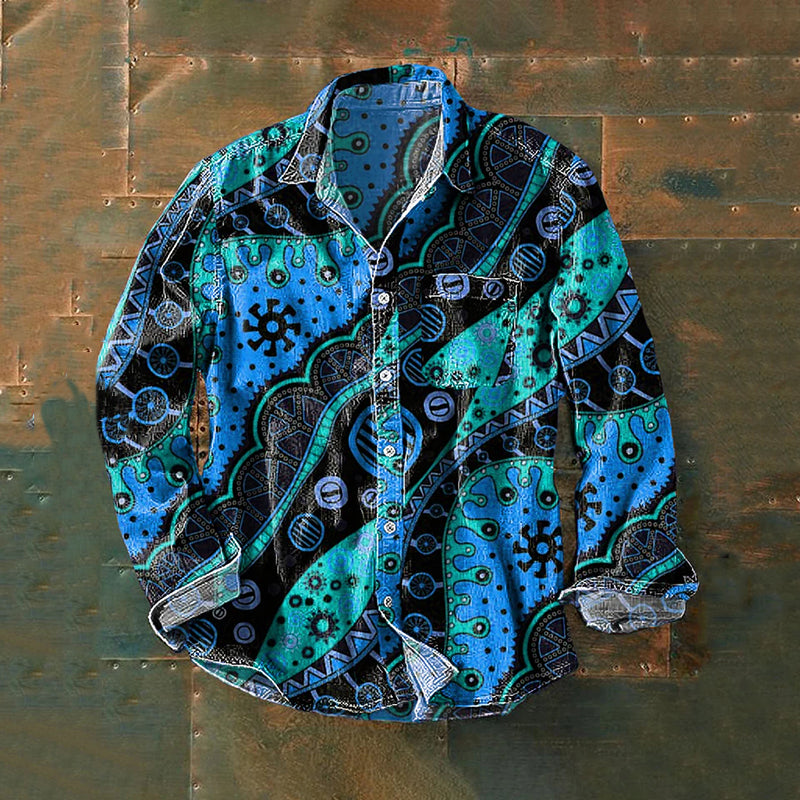 Men's Vintage Peace And Love Daisy Art Print Linen Lapel Long Sleeve Shirt artswardrobe