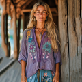 Retro Boho Floral Tribal Embroidery Print Cotton And Linen Blend Loose Blouse artswardrobe