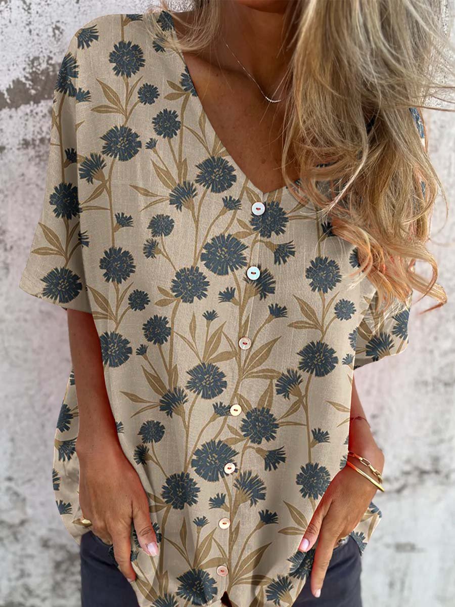 Women's Classic Elegant Floral Pattern Shirt Style Cotton and Linen Top