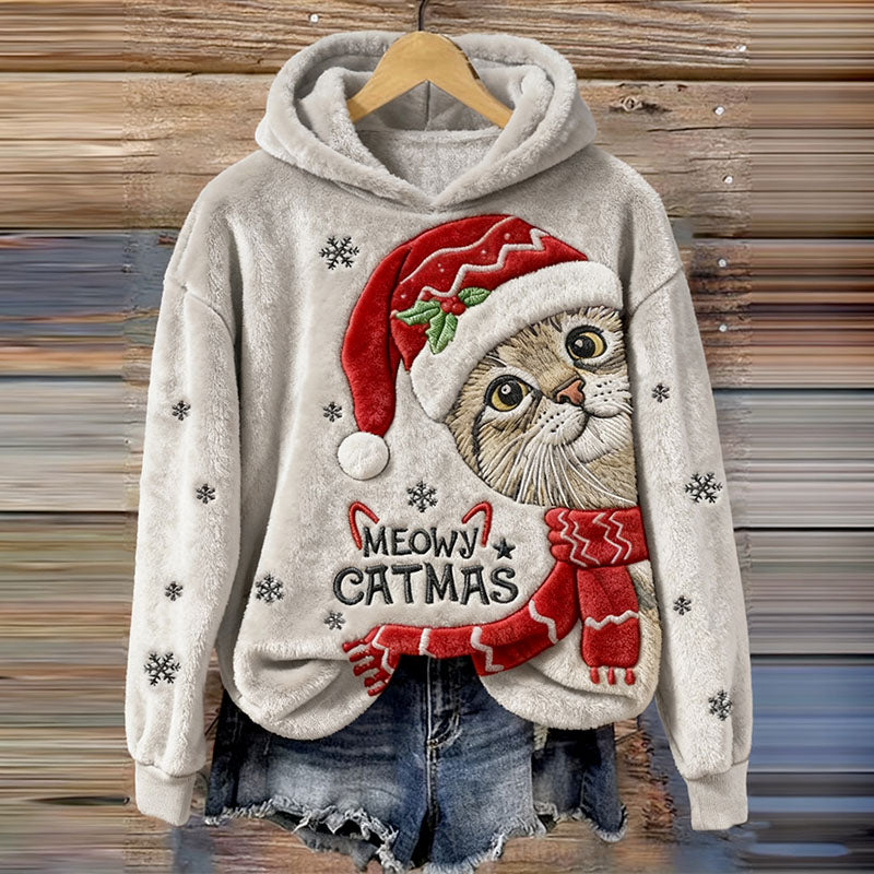 Women's Catmas Embroidery Art Comfort Flannel Hoodie elevenforest