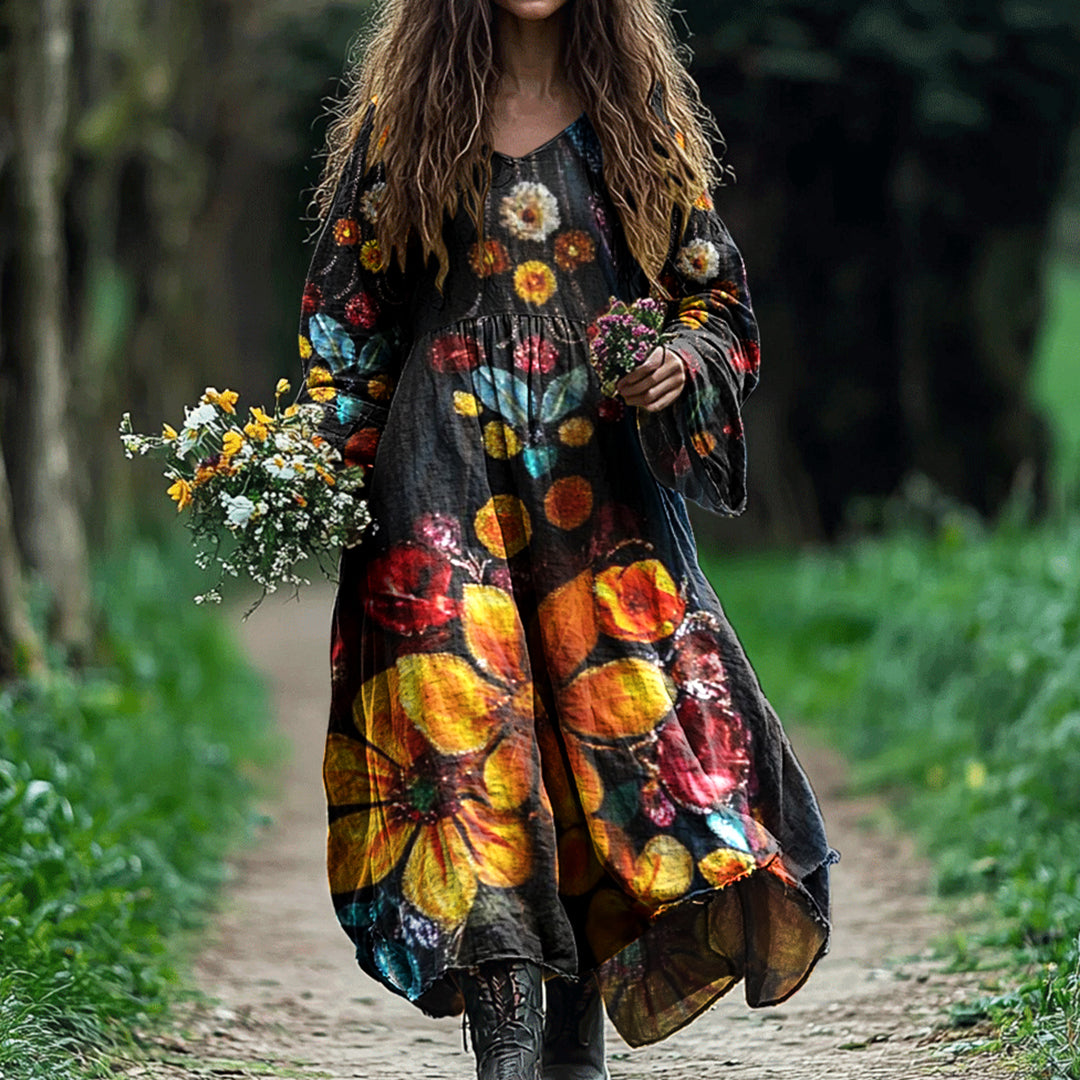 Vintage Boho Floral Art Linen Blend Maxi Dress artswardrobe