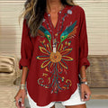 Women's Retro Ethnic Flower And Bird Art V-neck Shirt artswardrobe