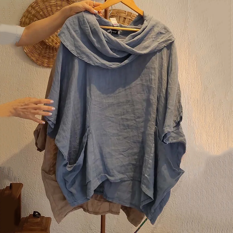 Women's Solid Color Draped Neck 3/4 Sleeve Front And Back Wear Comfortable Casual Linen Pocket Top artswardrobe