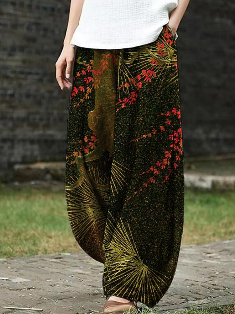 Comstylish Japanese Pine Needle & Flower Pattern Women's Linen Loose Pants