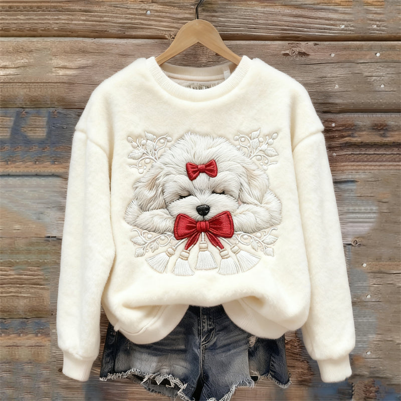 Comstylish Christmas Sleeping Dog Embroidered Cozy Plush Sweatshirt