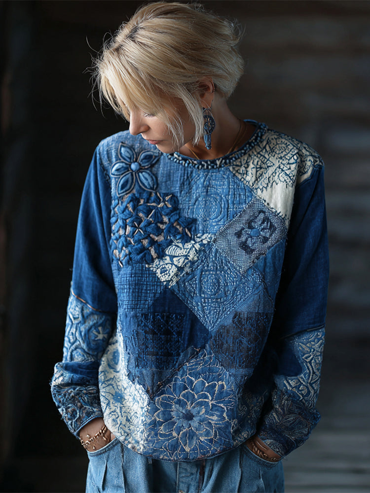 Floral Geometric Thread Embroidery Vintage Women's Linen Long Sleeve Shirt